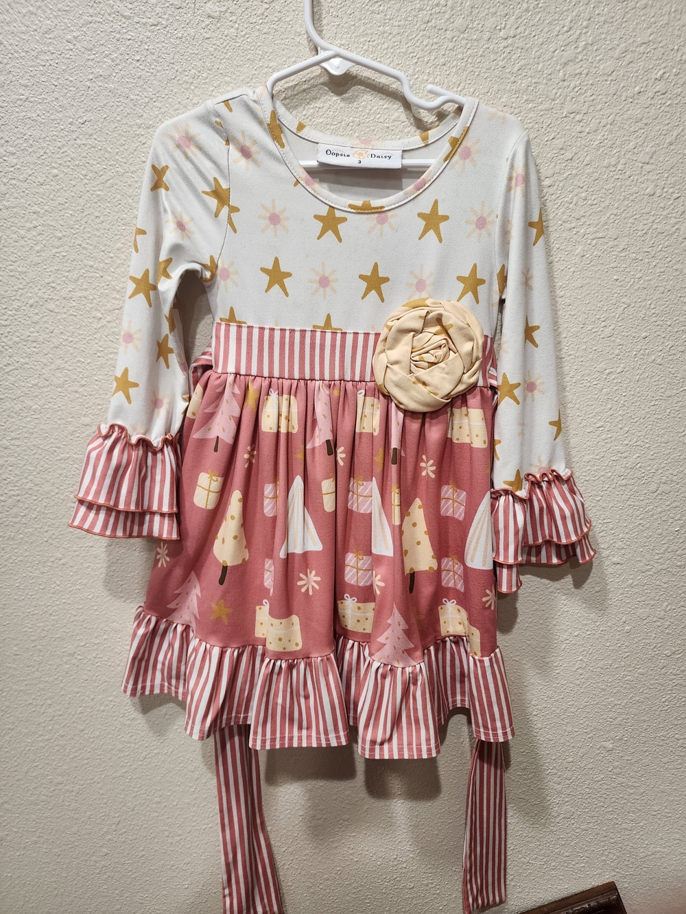 Oopsy Daisy Girls' Pink & Cream Star Holiday Ruffle Dress